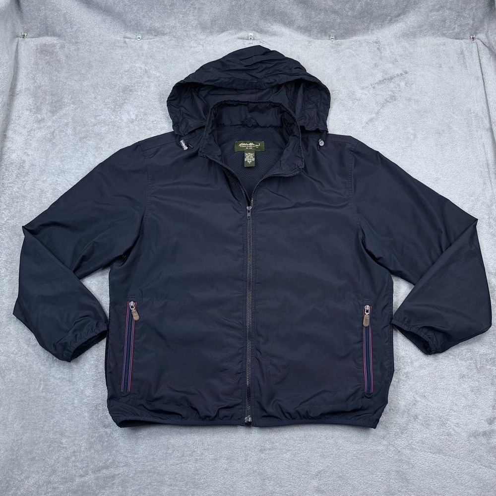 Eddie Bauer Windbreaker Jacket Mens Medium Blue Stow Hood Mesh Full Zip Vented